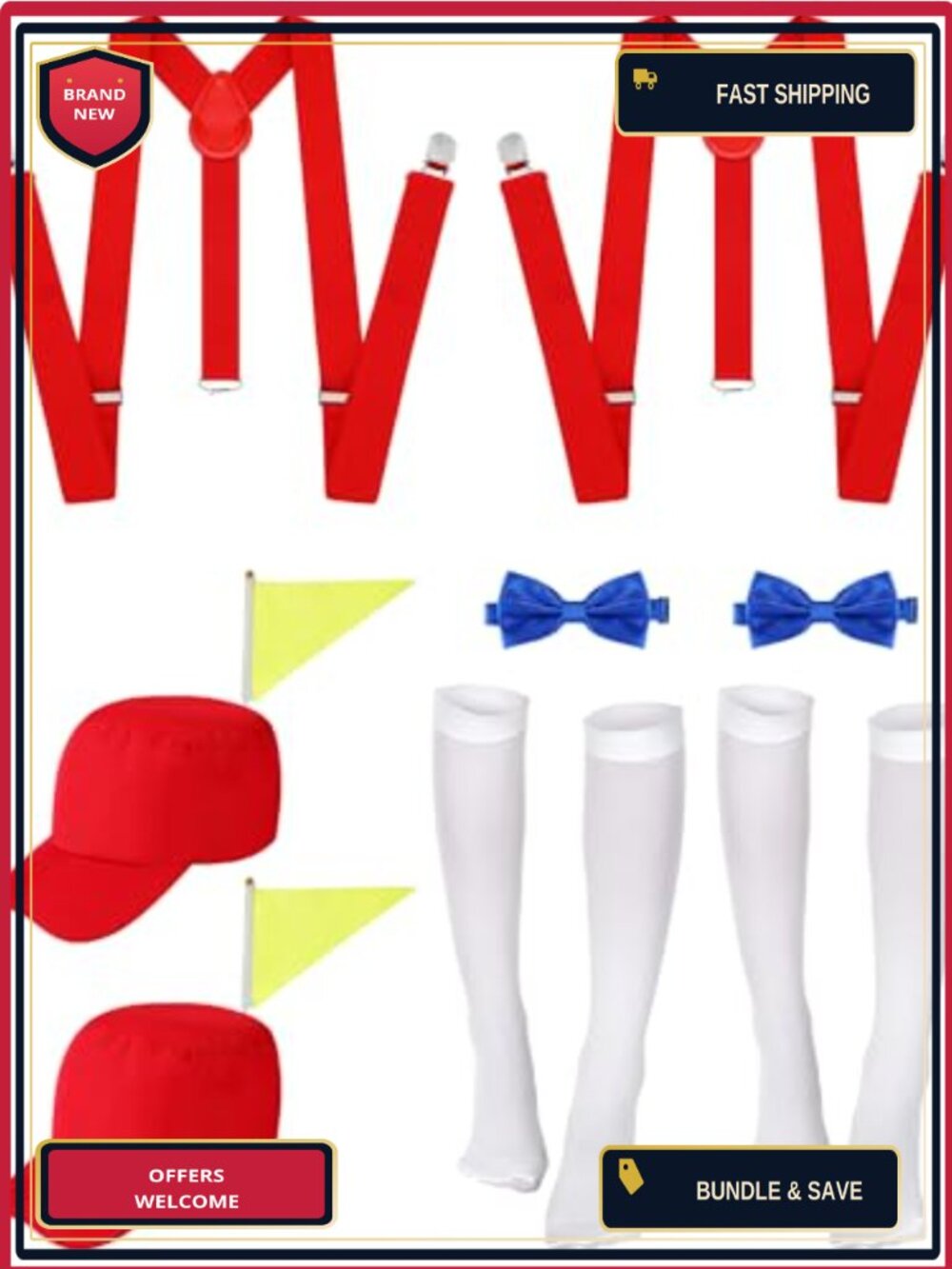 8 Pc Adult Halloween Nerd Costume Set with Hats Suspenders Bow Ties Socks